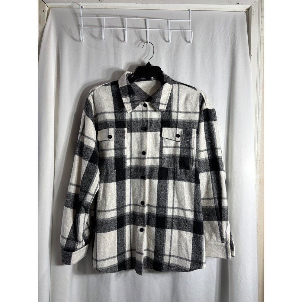 Automet Women's Plaid Flannel Oversized Shirt Jacket Black White Size XL